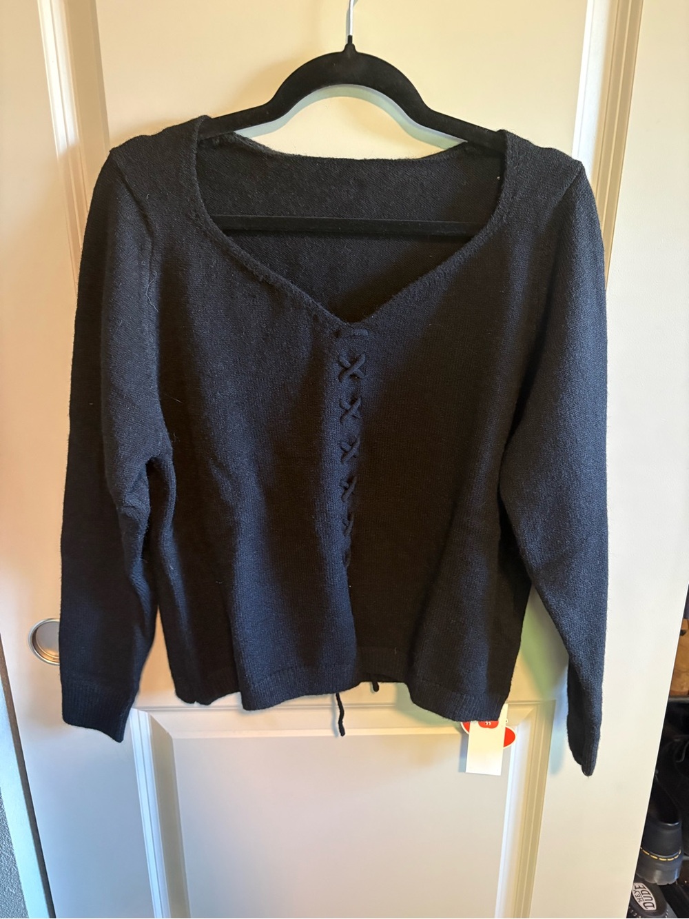Cider Black Knit V-Neck Lace-Up Sweater